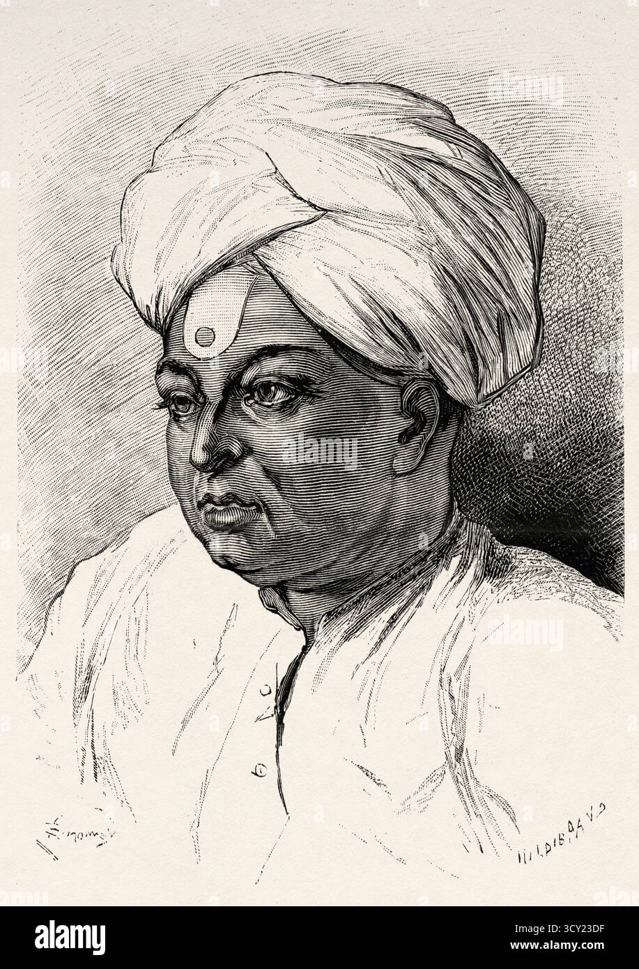 Un uomo indù bramino, casta all'interno della società indù, l'occupazione tradizionale dei bramini è quella del sacerdozio nei templi indù o alle cerimonie socio-religiose, in India. Asia meridionale. Eight Days in India, 1876 di Emile Guimet (1836-1918) Drawings from Life di Félix Régamey (1844-1907) le Tour du Monde 1888 Foto Stock