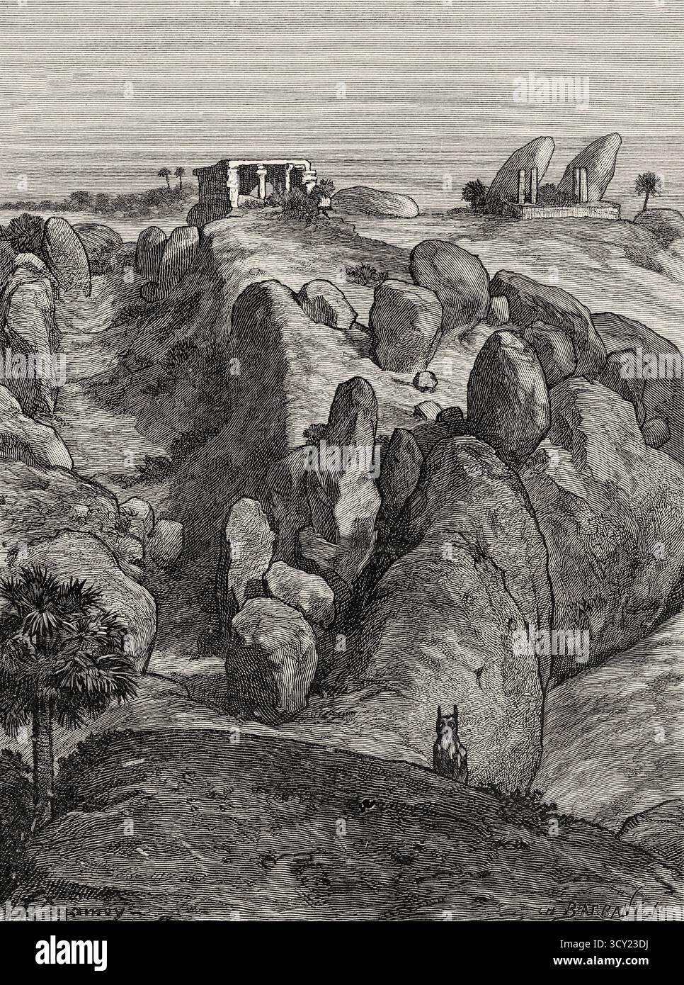 Pancha Rathas è un complesso monolitico di architettura indiana scavata nella roccia a Mahabalipuram sulla costa di Coromandel della Baia del Bengala, distretto di Chengalpattu, stato del Tamil Nadu, India. Asia meridionale. Eight Days in India, 1876 di Emile Guimet (1836-1918) Drawings from Life di Félix Régamey (1844-1907) le Tour du Monde 1888 Foto Stock