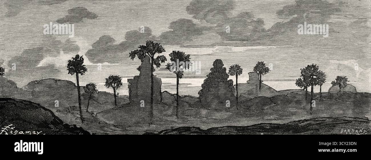 Pancha Rathas è un complesso monolitico di architettura indiana scavata nella roccia a Mahabalipuram sulla costa di Coromandel della Baia del Bengala, distretto di Chengalpattu, stato del Tamil Nadu, India. Asia meridionale. Eight Days in India, 1876 di Emile Guimet (1836-1918) Drawings from Life di Félix Régamey (1844-1907) le Tour du Monde 1888 Foto Stock
