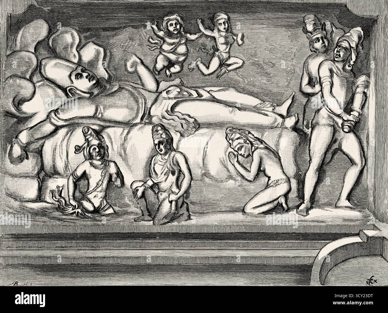 Vishnu sdraiato sul serpente Shesha. Pancha Rathas è un complesso monolitico di architettura indiana scavata nella roccia a Mahabalipuram sulla costa di Coromandel della Baia del Bengala, distretto di Chengalpattu, stato del Tamil Nadu, India. Asia meridionale. Eight Days in India, 1876 di Emile Guimet (1836-1918) Drawings from Life di Félix Régamey (1844-1907) le Tour du Monde 1888 Foto Stock