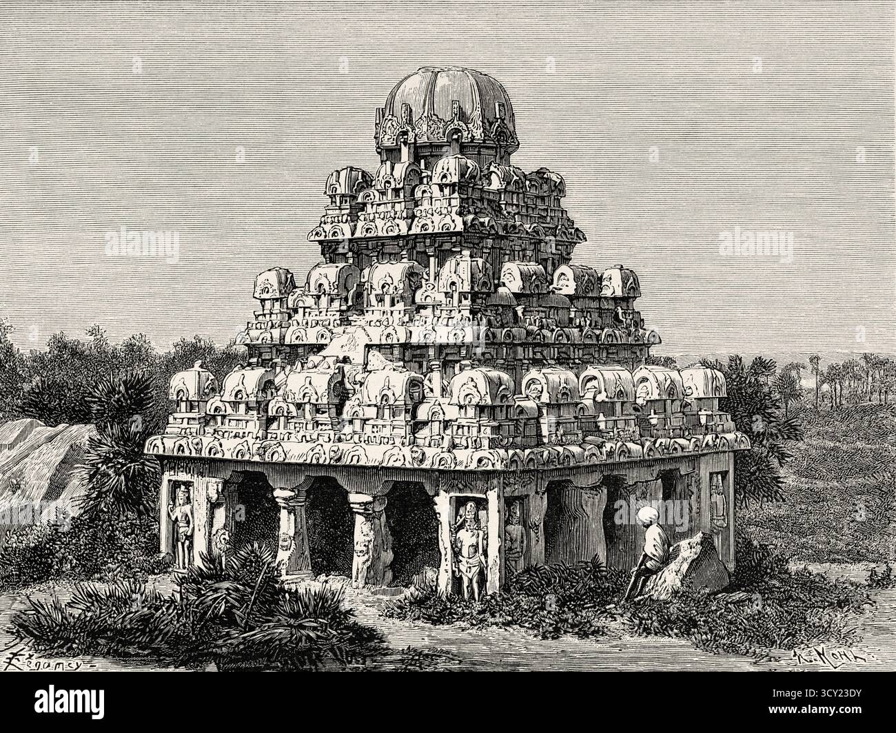 Dharmaraja Ratha. Pancha Rathas è un complesso monolitico di architettura indiana scavata nella roccia a Mahabalipuram sulla costa di Coromandel della Baia del Bengala, distretto di Chengalpattu, stato del Tamil Nadu, India. Asia meridionale. Eight Days in India, 1876 di Emile Guimet (1836-1918) Drawings from Life di Félix Régamey (1844-1907) le Tour du Monde 1888 Foto Stock