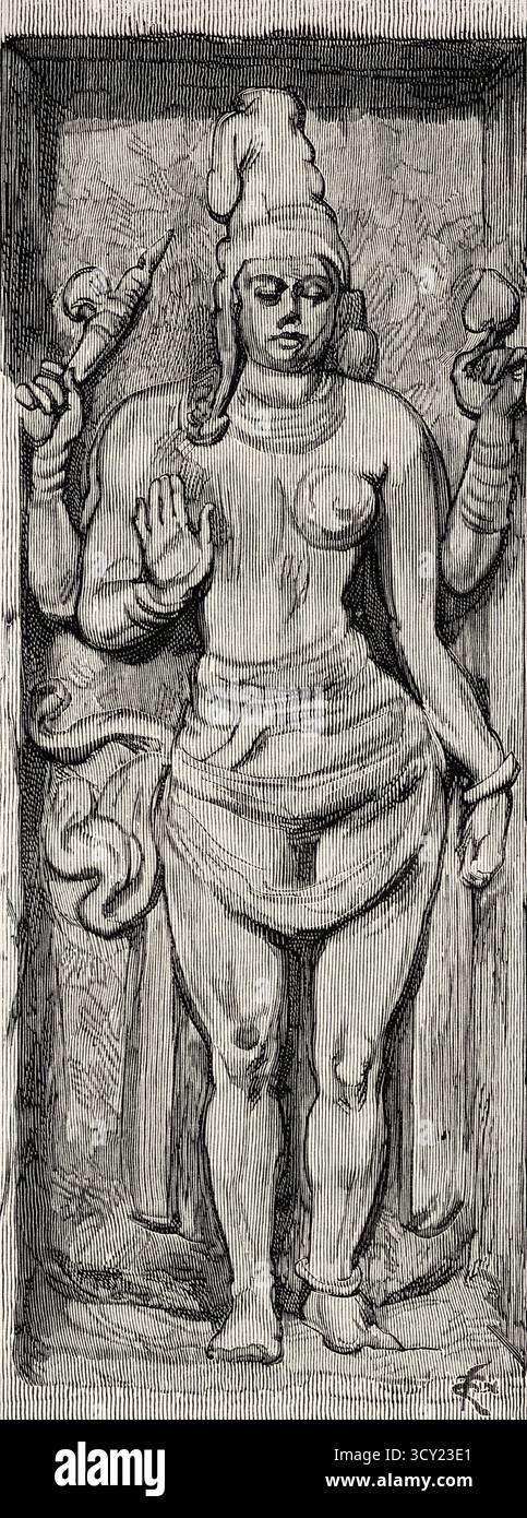 Statua del Dio Ardhanarishvara Shiva, Dharmaraja Ratha. Pancha Rathas è un complesso monolitico di architettura indiana scavata nella roccia a Mahabalipuram sulla costa di Coromandel della Baia del Bengala, distretto di Chengalpattu, stato del Tamil Nadu, India. Asia meridionale. Eight Days in India, 1876 di Emile Guimet (1836-1918) Drawings from Life di Félix Régamey (1844-1907) le Tour du Monde 1888 Foto Stock