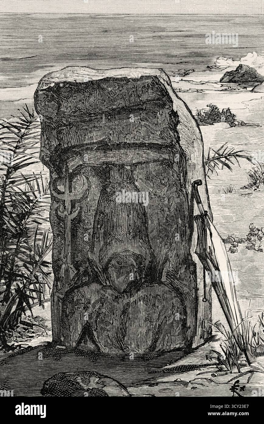 Vishnu con un tridente. Pancha Rathas è un complesso monolitico di architettura indiana scavata nella roccia a Mahabalipuram sulla costa di Coromandel della Baia del Bengala, distretto di Chengalpattu, stato del Tamil Nadu, India. Asia meridionale. Eight Days in India, 1876 di Emile Guimet (1836-1918) Drawings from Life di Félix Régamey (1844-1907) le Tour du Monde 1888 Foto Stock