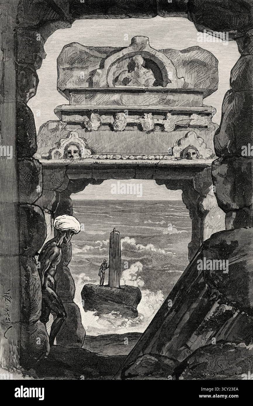 Rovine al mare. Pancha Rathas è un complesso monolitico di architettura indiana scavata nella roccia a Mahabalipuram sulla costa di Coromandel della Baia del Bengala, distretto di Chengalpattu, stato del Tamil Nadu, India. Asia meridionale. Eight Days in India, 1876 di Emile Guimet (1836-1918) Drawings from Life di Félix Régamey (1844-1907) le Tour du Monde 1888 Foto Stock