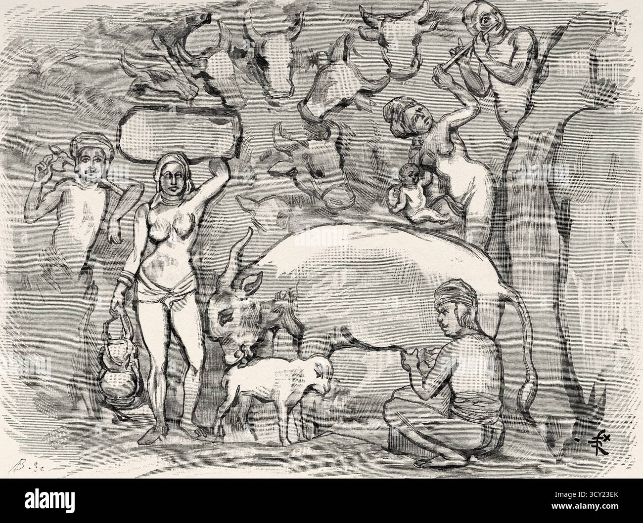 Krishna Mandapum Bas-Relief. Pancha Rathas è un complesso monolitico di architettura indiana scavata nella roccia a Mahabalipuram sulla costa di Coromandel della Baia del Bengala, distretto di Chengalpattu, stato del Tamil Nadu, India. Asia meridionale. Eight Days in India, 1876 di Emile Guimet (1836-1918) Drawings from Life di Félix Régamey (1844-1907) le Tour du Monde 1888 Foto Stock