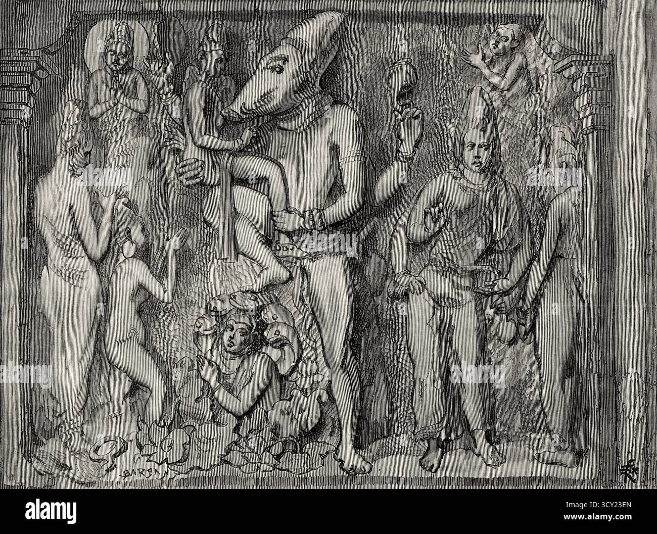 Varaha Mandapa raffigura l'avatar del cinghiale di Vishnu. Pancha Rathas è un complesso monolitico di architettura indiana scavata nella roccia a Mahabalipuram sulla costa di Coromandel della Baia del Bengala, distretto di Chengalpattu, stato del Tamil Nadu, India. Asia meridionale. Eight Days in India, 1876 di Emile Guimet (1836-1918) Drawings from Life di Félix Régamey (1844-1907) le Tour du Monde 1888 Foto Stock