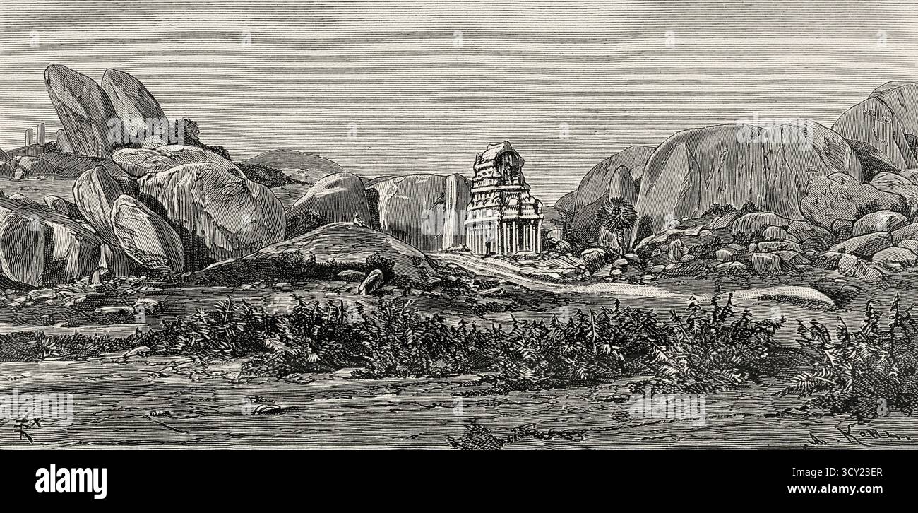 Pancha Rathas è un complesso monolitico di architettura indiana scavata nella roccia a Mahabalipuram sulla costa di Coromandel della Baia del Bengala, distretto di Chengalpattu, stato del Tamil Nadu, India. Asia meridionale. Eight Days in India, 1876 di Emile Guimet (1836-1918) Drawings from Life di Félix Régamey (1844-1907) le Tour du Monde 1888 Foto Stock