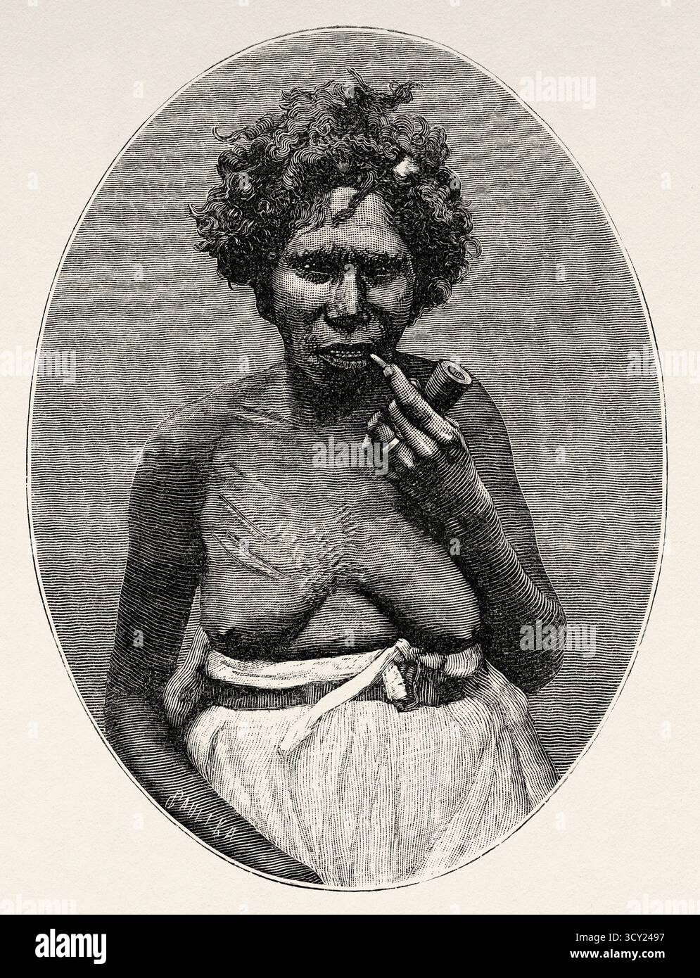 Donna nativa australiana che fuma una pipa di tabacco dal Queensland settentrionale. Australia, Oceania. Nella Terra dei Cannibali. Voyage of Exploration Among the Natives of Eastern Australia, 1880-1884 di Carl Lumholtz (1851-1922) le Tour du Monde del 1888 Foto Stock