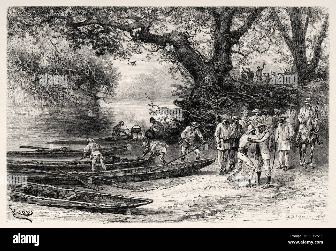 L'esploratore Chaffanjon incontra il generale Jesús Crespo Torres (1841-1898), stato di Bolívar, Venezuela. Sud America. Disegno di Edouard Riou (1833-1900) viaggio attraverso le pianure di Caura, 1885 di M. Jean Chaffanjon (1854-1913) le Tour du Monde 1888 Foto Stock