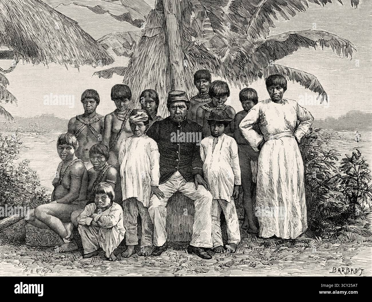 Il capo José Aramare e la sua famiglia, meglio conosciuto come capo Aramare (1831-1896) era un capo del popolo Maquiritare o Yekuana e colonnello dello Stato maggiore dell'esercito venezuelano. Venezuela, Sud America. Disegno di Eugene Ronjat (1822-1912) viaggio alle sorgenti del fiume Orinoco, 1886-1887 di M. Jean Chaffanjon (1854-1913) le Tour du Monde 188 Foto Stock