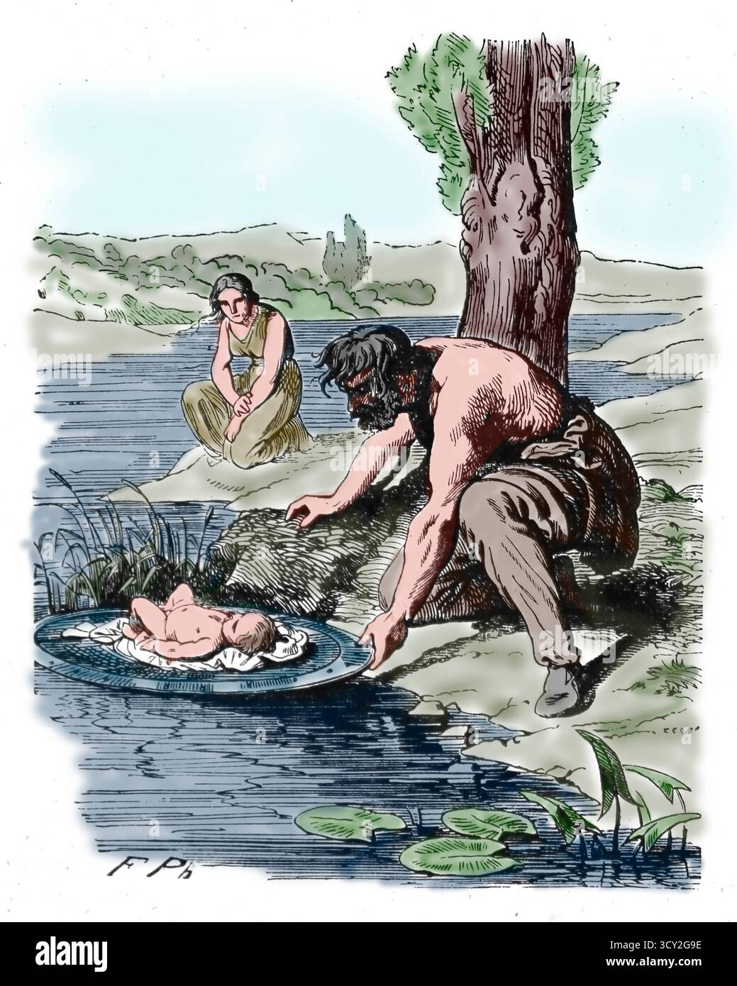 Antichità. Gallia che posiziona un bambino su uno scudo galleggiante sull'acqua. Rituale celtico noto come expositio. Mettere alla prova la legittimità dei bambini. Incisione, XIX secolo. Foto Stock