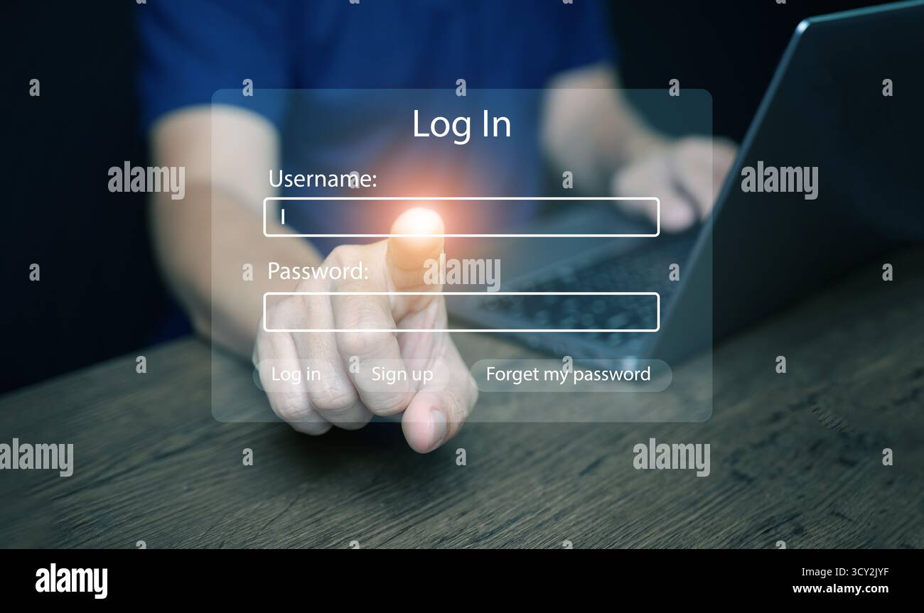 Premendo il tasto di accesso sullo schermo virtuale trasparente con nome utente e modulo password, che rappresenta la privacy dei dati, l'accesso sicuro, l'autenticazione, Foto Stock