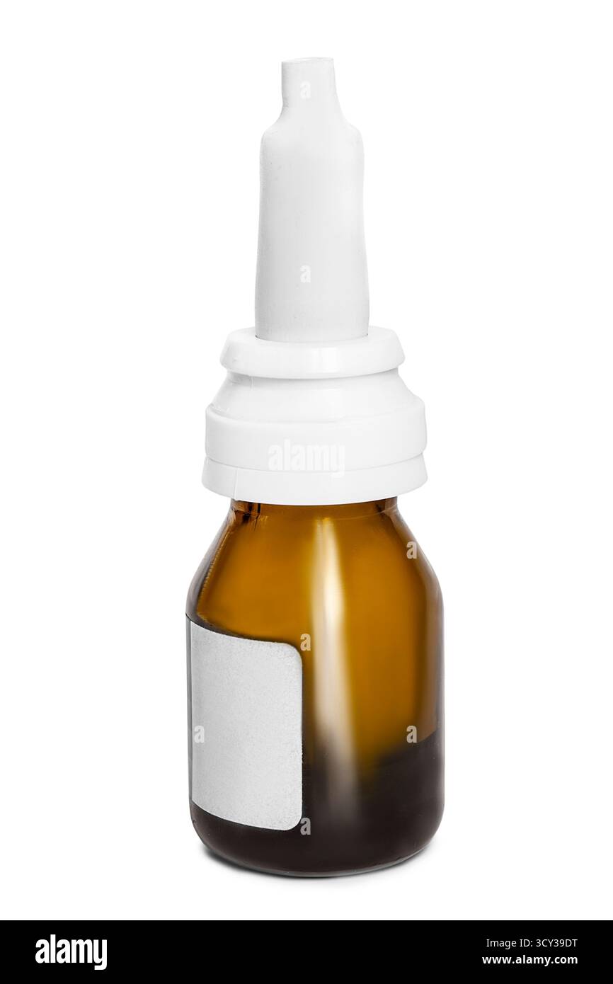 Vasetto per medicinali con gocce nasali isolato su sfondo bianco Foto Stock
