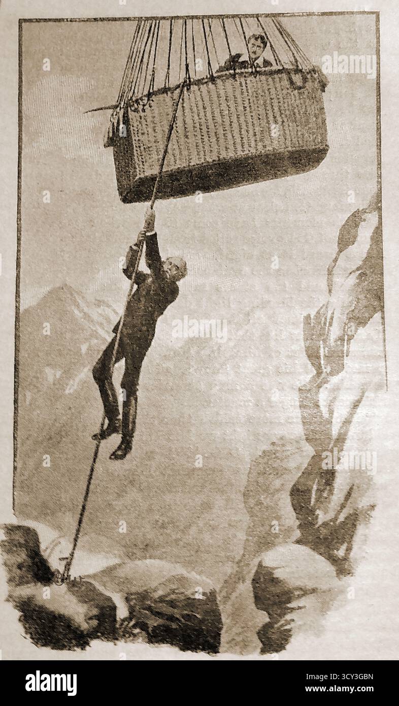 Aeronautica storica, palloni aerostatici e macchine volanti - un'illustrazione in mongolfiera dei primi passeggeri del 1897 - i pericoli della nuova mania del pallone aerostatico - usare l'ancora per sbarcare in caso di emergenza. Foto Stock