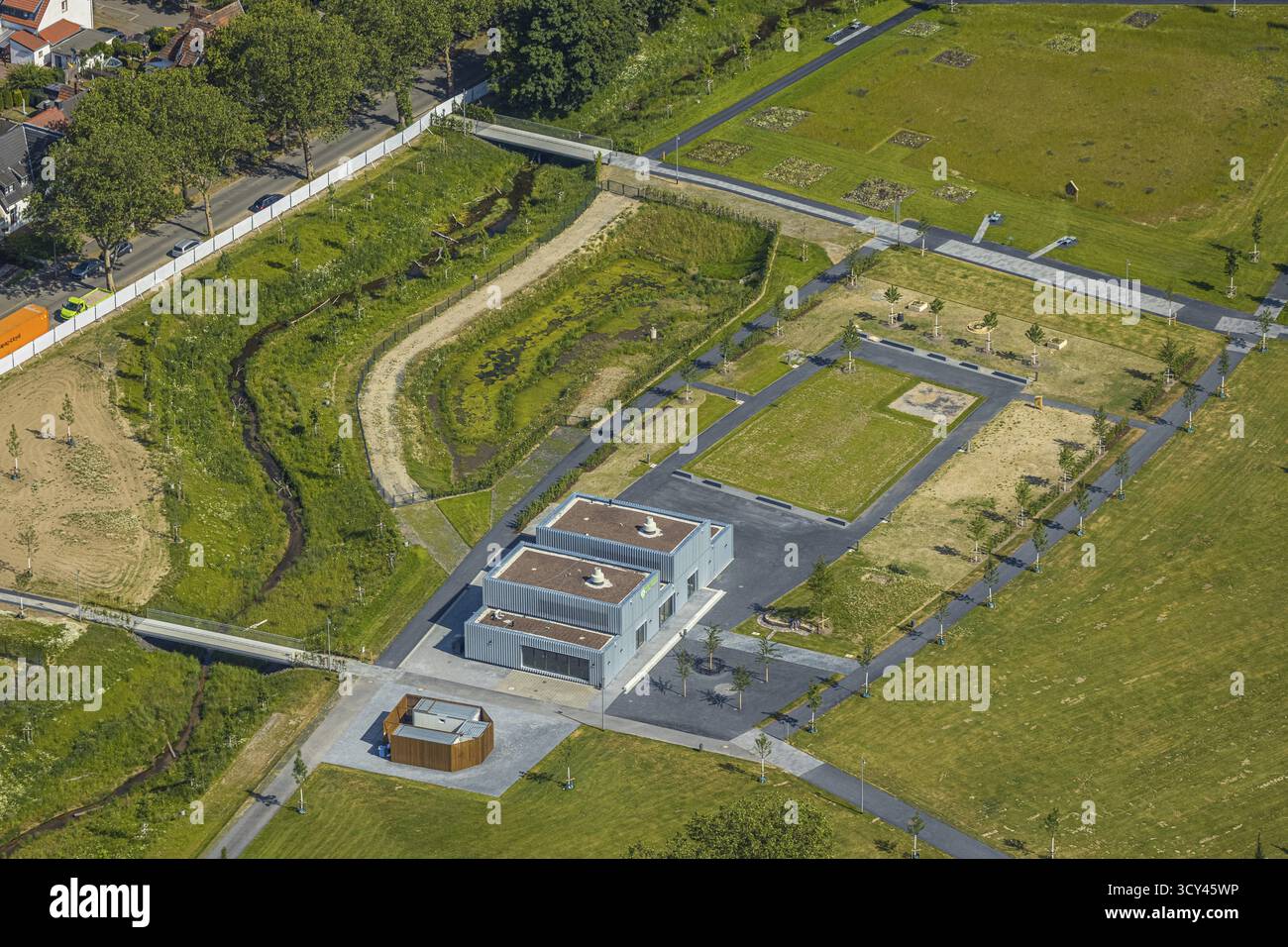 Vista aerea, Landesgartenschau 2020 Kamp-Lintfort, Green Fab Lab Hochschulle Rhein-Waal, ex sito minerario Friedrich Heinrich 1/2 (Bergwerk West), Kamp Foto Stock