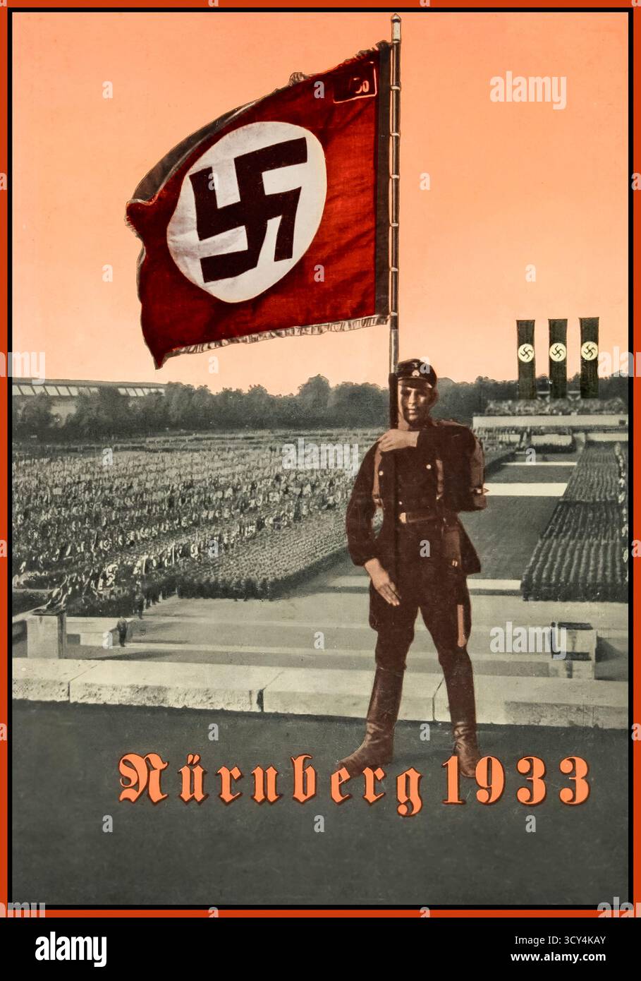 "Manifestazione nazista di Norimberga 1933", con copertina illustrata della copertina dell'opuscolo di propaganda del NSDAP con paramilitare in uniforme che tiene una grande bandiera di svastica con un raduno alle spalle. Storia illustrata del raduno del partito NSDAP di Norimberga del 1933 contenente estratti di discorsi di Hitler, Hess, Feder, Rohm, Rosenberg, Germania nazista 1933 Foto Stock