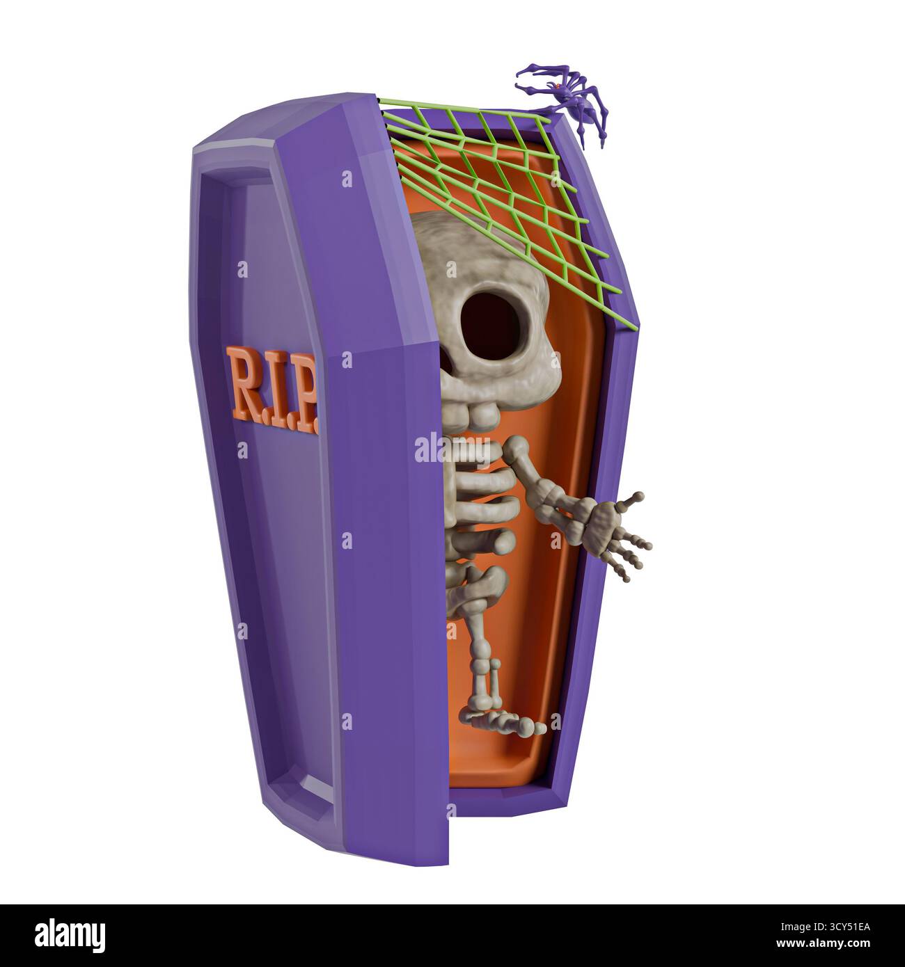 Icona di Halloween Apri bara con scheletro all'interno dell'illustrazione di rendering 3D isolata su sfondo bianco Foto Stock