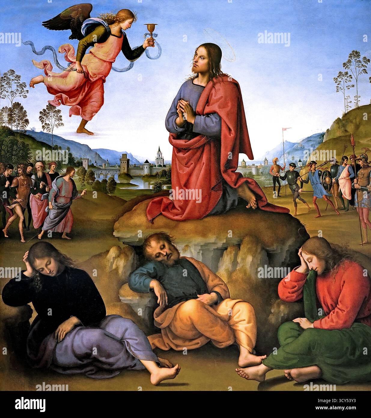 L'agonia nel giardino 1492 Pietro Perugino 1446/1452 - 1523 nato Pietro Vannucci, Italiano pittore rinascimentale di scuola umbra, Italia ( Cristo è raffigurato nel centro del pannello al di sopra di un cielo limpido, inginocchiato nel giardino del Getsemani e ricevere da un angelo un calice divino. La sua figura forma un triangolo con i tre apostoli a pelo nella parte inferiore (da sinistra, Giovanni, Pietro e Giacomo); il triangolo è collegato alla pittura sono i suoi lati tramite la linea simmetrica delle colline. Dietro a Gesù è un lago paesaggio, un elemento tipico della pittura italiana al momento, con una città fortificata Foto Stock