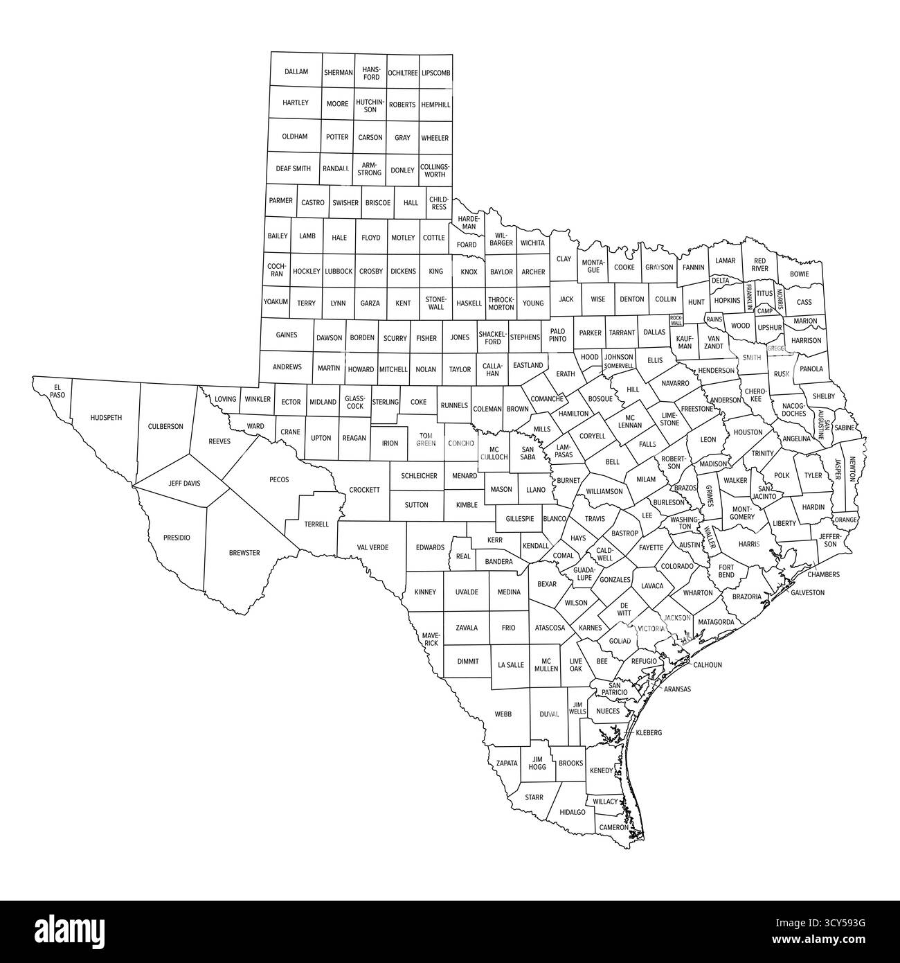 Stato del Texas, suddiviso in 254 contee, delineare la mappa. Stato nella regione centro-meridionale degli Stati Uniti, soprannominato Stato della stella solitaria. Foto Stock