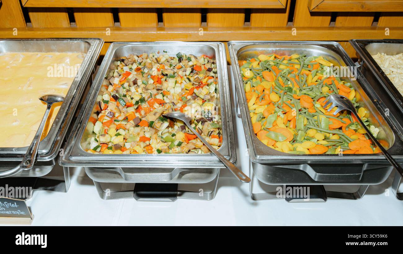 Un vivace buffet con vassoi assortiti pieni di colorate verdure cotte. Perfetto per eventi di catering, con piatti vegetariani sani Foto Stock