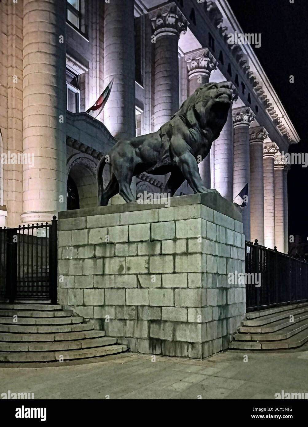 Scultura di leone in bronzo sui gradini del Palazzo di giustizia, di fronte al viale Vitosha, vista notturna, Sofia, Bulgaria Foto Stock