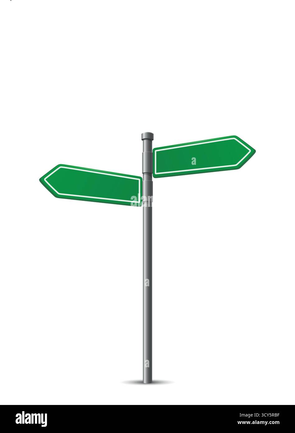 Segnale di direzione verde realistico 3d vettoriale con due frecce vuote isolate. Puntatore guida strada. Modello di progetto Signpost, Vista frontale Illustrazione Vettoriale