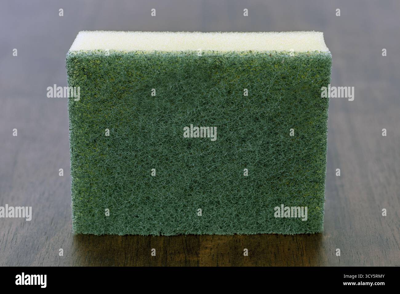 Una spugna verde spugna da cucina spugna per pulizia lavastoviglie per uso domestico tampone abrasivo a doppio strato con nucleo in schiuma struttura verde superficie del tavolo in legno Foto Stock