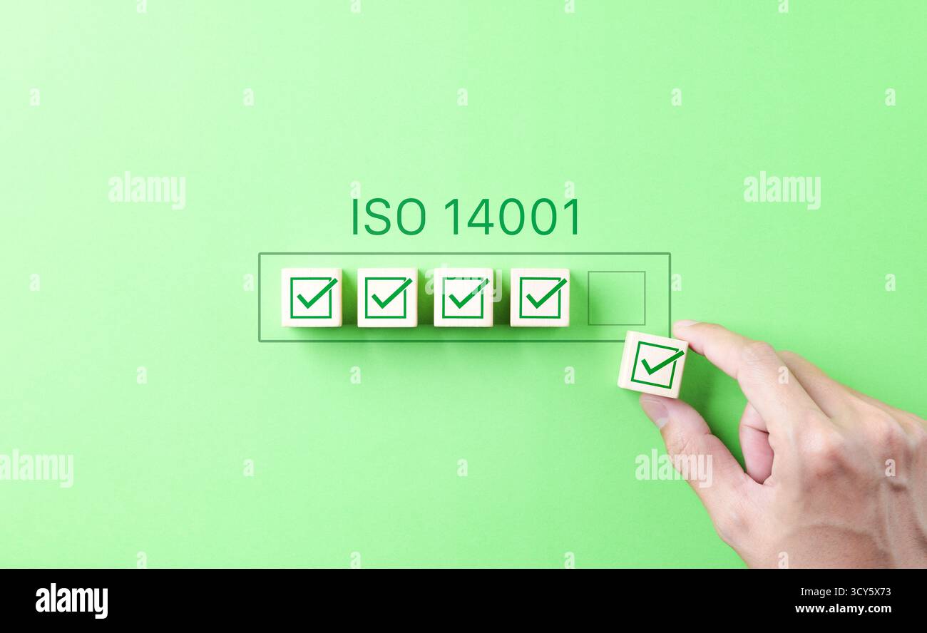 Certificazione di gestione ambientale ISO 14001. Apporre un segno di spunta sotto l'etichetta ISO 14001, che simboleggia il controllo di qualità, Foto Stock