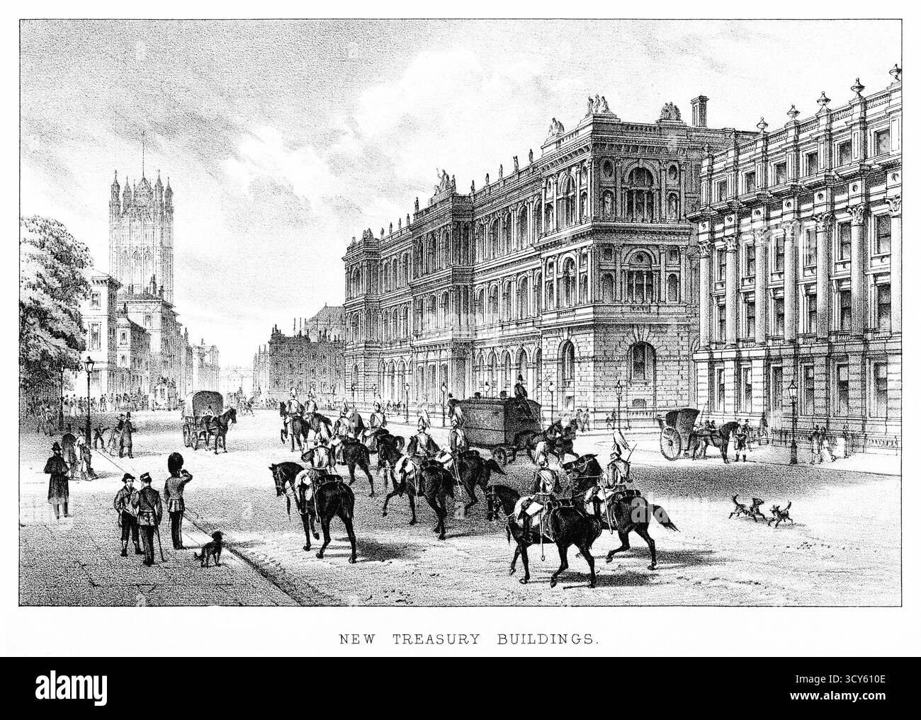 Un'incisione del XIX secolo dell'esterno del Treasury Building. Gli edifici del Tesoro includono il Privy Council Office e Cabinet Office. Incorpora i resti di Whitehall Palace di Enrico VIII, Dorset House 1700-10, Treasury di William Kent 1733-36, Privy Council and Cabinet Offices 1824-27 di Sir John Soane, rimodellato e modificato come Treasury 1845-47 da Sir Charles Barry. Sono tutti in uso come uffici governativi ed è elencato di grado I. Foto Stock