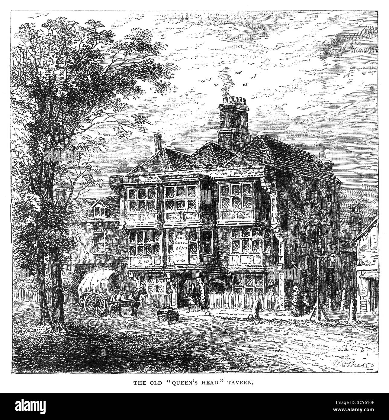 Un'incisione del XIX secolo dell'esterno della taverna Old Queen's Head a Islington, nel nord di Londra. Fu ricostruito nel 1829, dandogli un esterno del XIX secolo, pur conservando un camino scolpito del XVII secolo. L'edificio a tre piani e' di mattoni gialli fiamminghi con un cornicione in stucco; un parapetto a gradini oscura il tetto a spiovente. Foto Stock