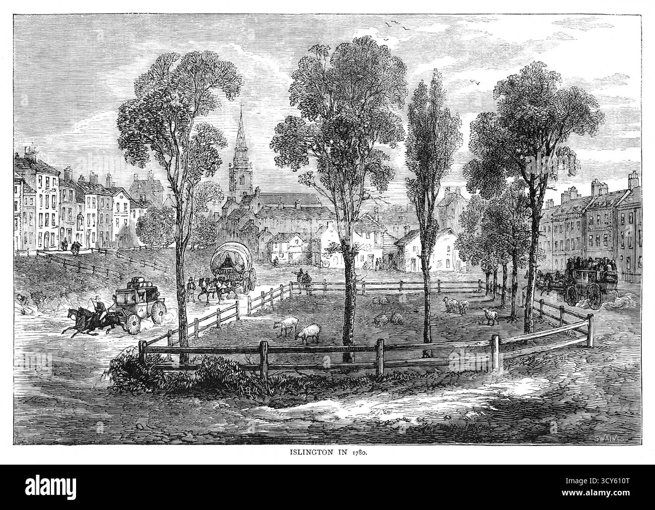 Un'incisione di Islington del XIX secolo nel 1780. Forse mostrando quello che divenne Highbury Fields con pecore al pascolo racchiuse da una recinzione di legno e varie carrozze trainate da cavalli che viaggiano lungo le strade sterrate. Le case circostanti e una chiesa lontana invadono questo spazio aperto Foto Stock
