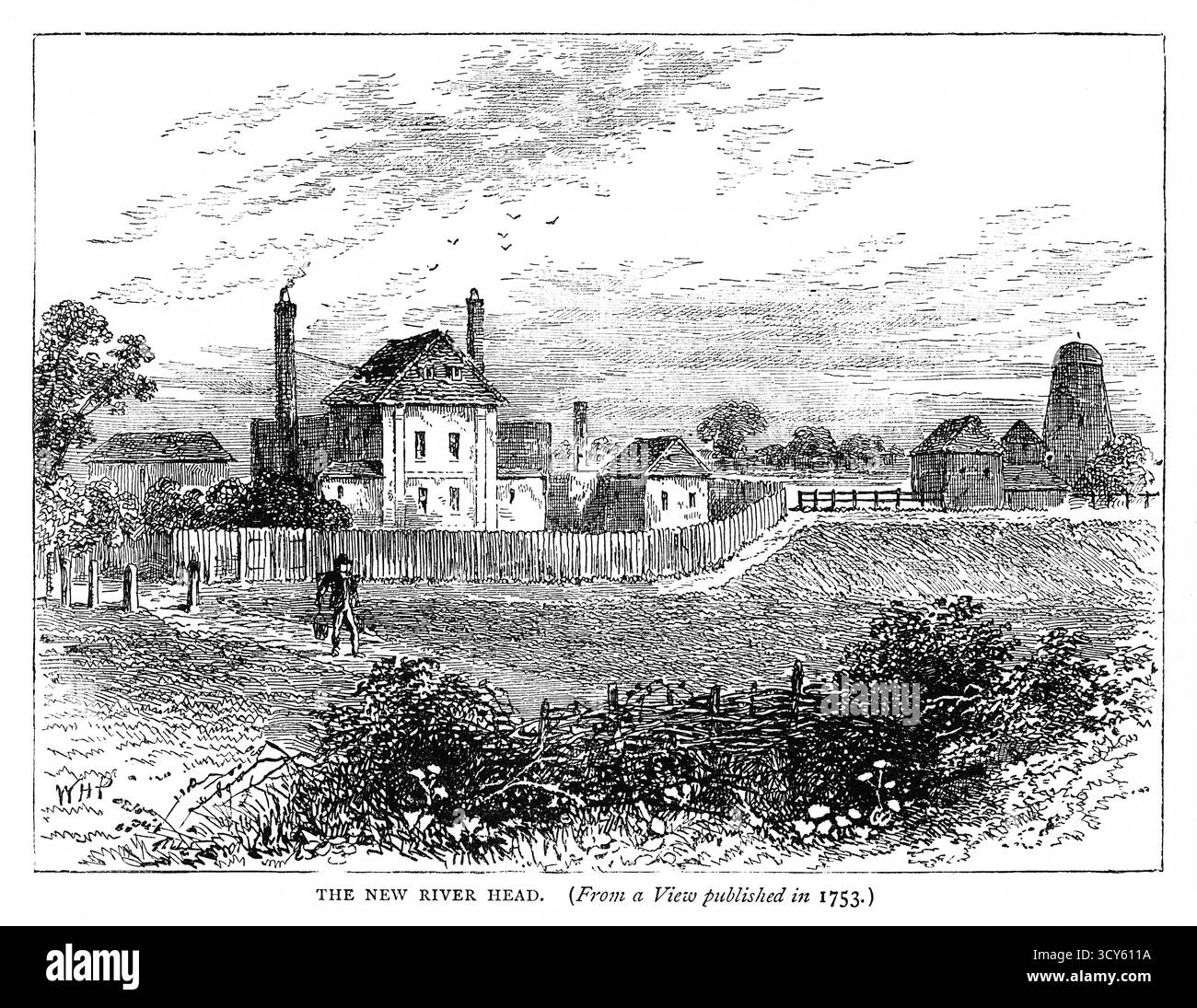 Un'incisione del XIX secolo del New River Head a Islington Hill come appariva intorno al 1753. La costruzione del corso d'acqua fu completata nel settembre 1613 e una cerimonia di apertura a New River Head alla presenza dell'allora sindaco di Londra. New River Head divenne un luogo preferito dai londinesi per passeggiare, un luogo piacevole da cui poter guardare in basso l'intera metropoli, da Mile End a est a Westminster a ovest e Southwark a sud. La New River Company esistette fino al 1904 Foto Stock