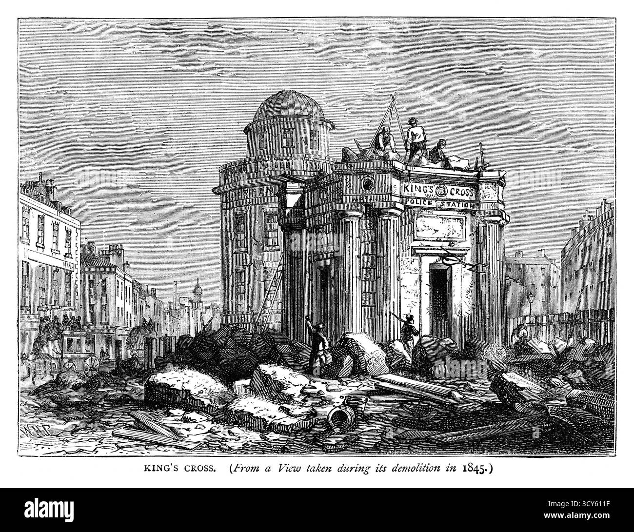 Un'incisione del XIX secolo della demolizione del monumento a King's Cross nel 1842. Fu costruita nel 1830 come parte di un progetto di miglioramento della strada, con una statua di re Giorgio IV aggiunta nel 1835. Era generalmente ridicolizzato. Foto Stock