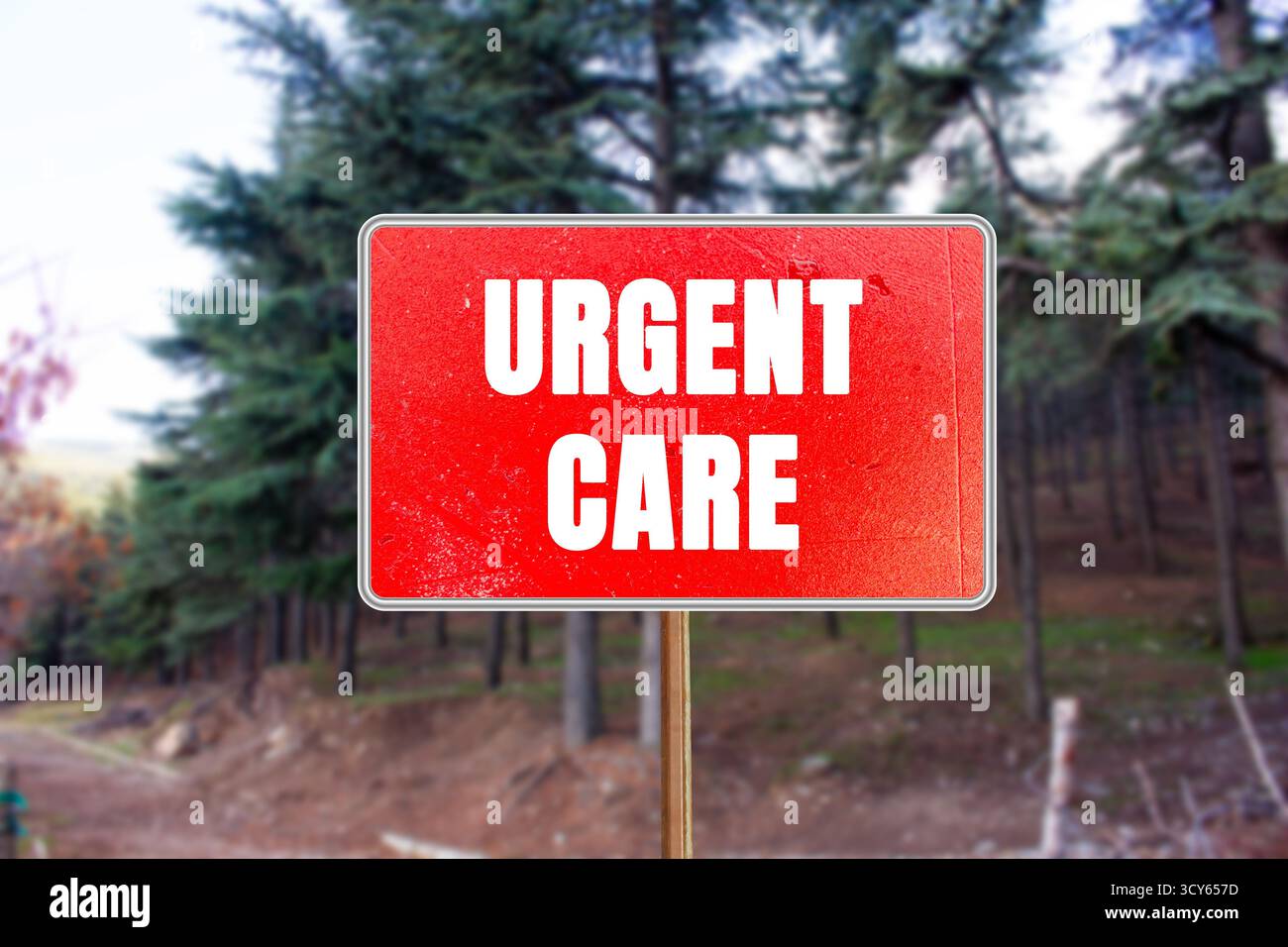 Messaggio di emergenza scritto sul cartello stradale rosso. Simbolo di assistenza urgente concettuale. Copia spazio. Foto Stock