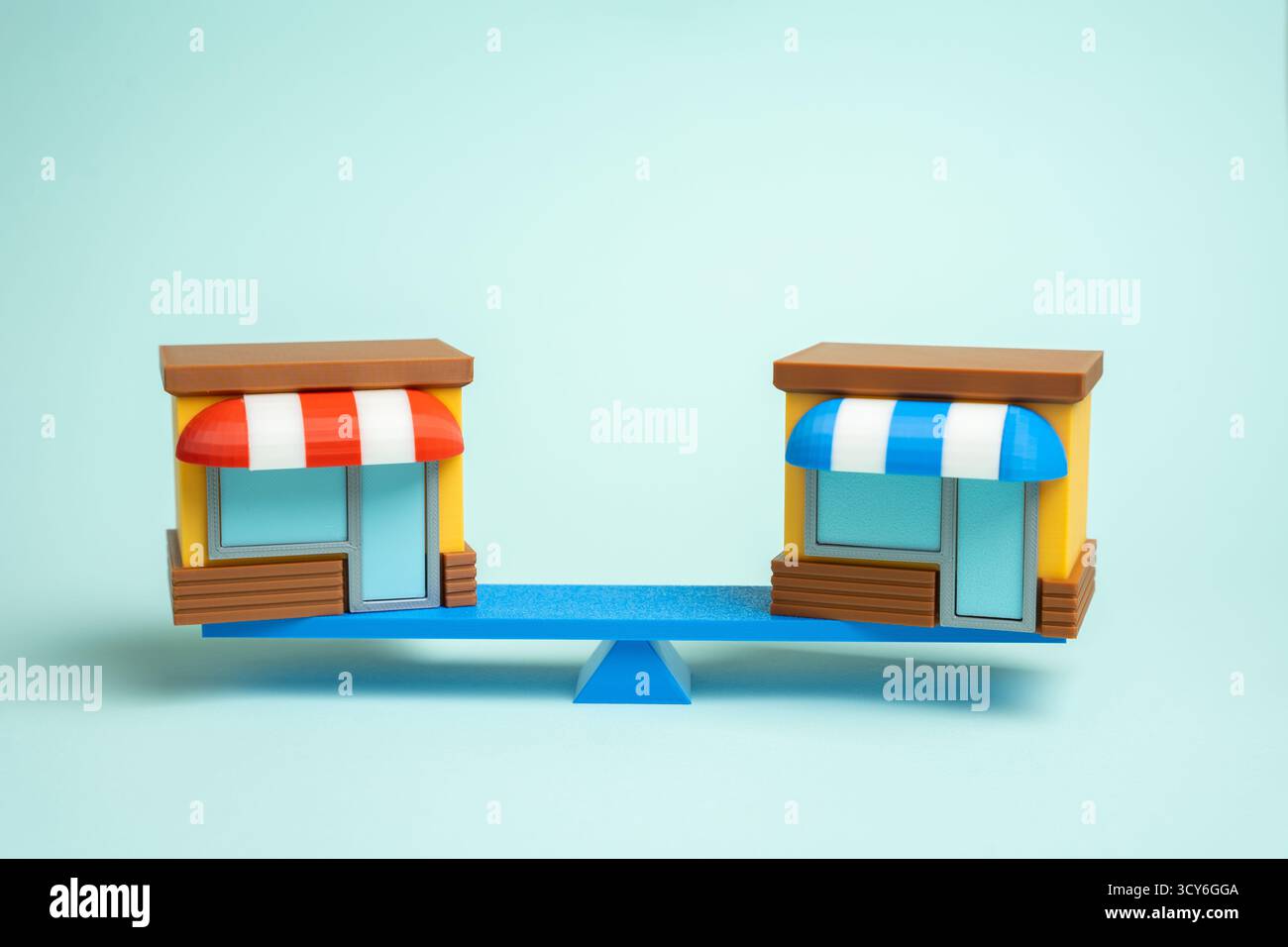 Confronto tra due aziende. Confronta negozi e marchi. Catene di vendita al dettaglio concorrenti. Concorrenza sul mercato, strategia aziendale e scelta dei consumatori. Marketin Foto Stock