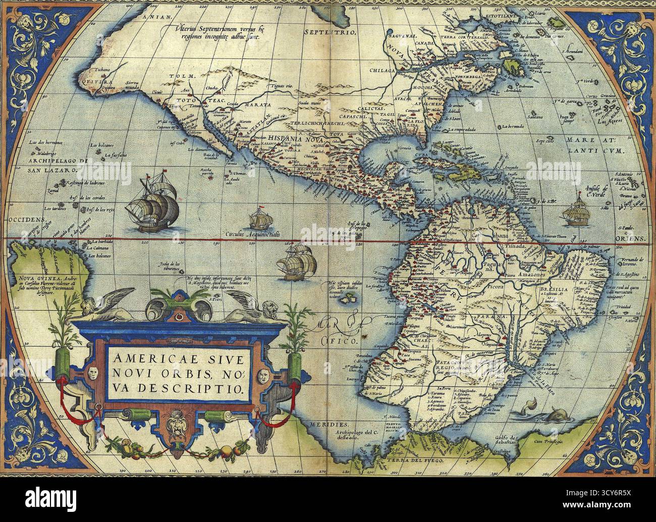 Antica mappa del Nord e del Sud America di Abraham Ortelius, circa 1570 Foto Stock