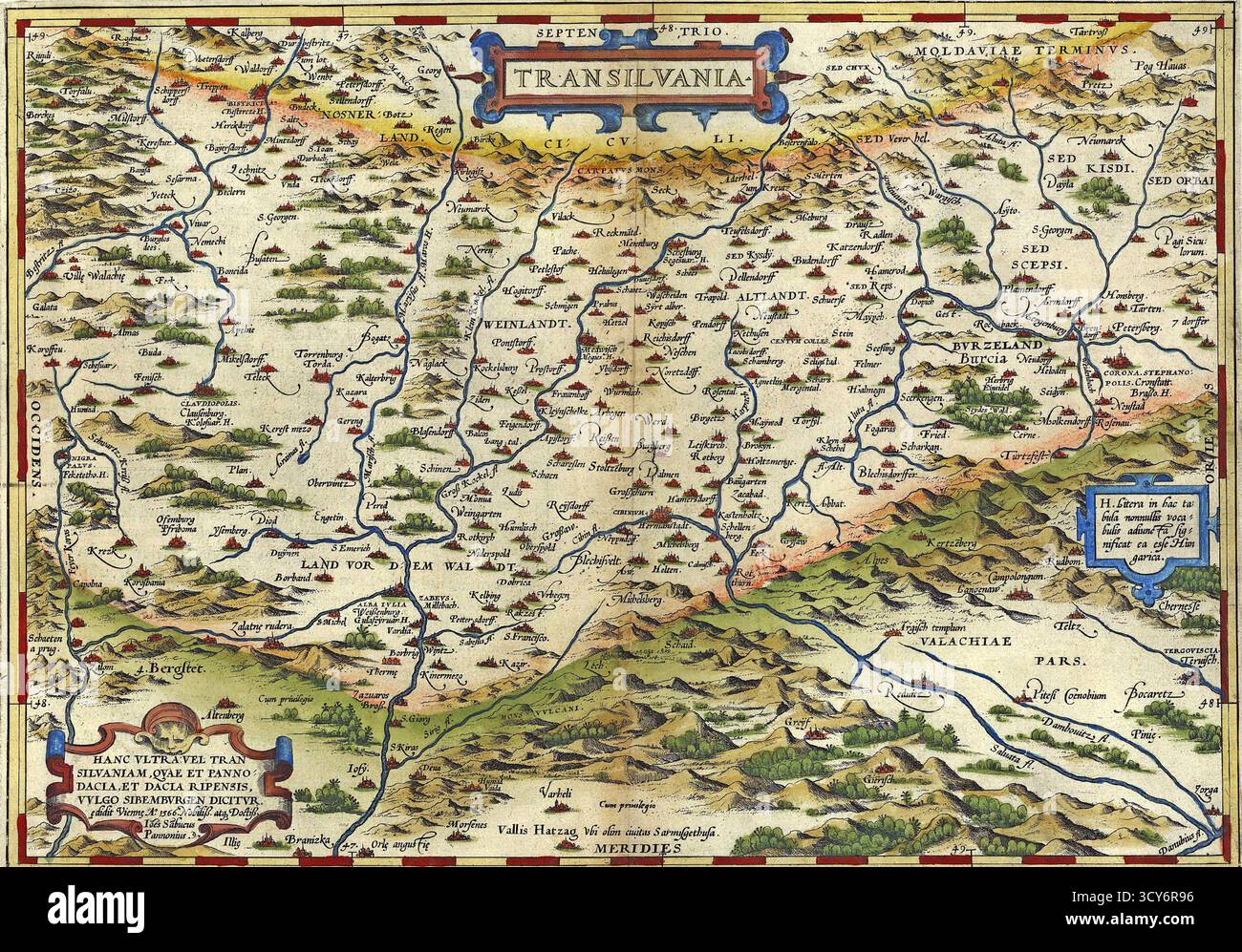 Antica mappa della Transilvania, Romania di Abraham Ortelius, circa 1570 Foto Stock