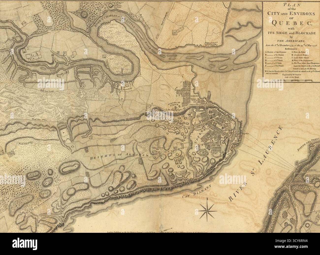 Mappa storica di Quebec City che raffigura reti fluviali, strutture difensive e schieramenti militari durante le operazioni d'assedio della Guerra d'indipendenza americana. Foto Stock