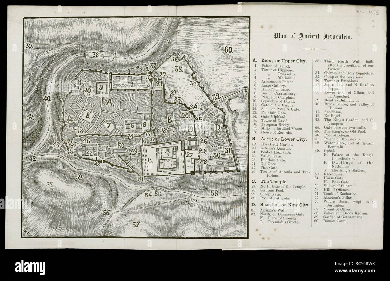 GERUSALEMME - 3 Mar 2025 - rappresentazione cartografica d'epoca che raffigura il paesaggio urbano dell'Antica Gerusalemme, evidenziando le caratteristiche architettoniche, sacro Foto Stock