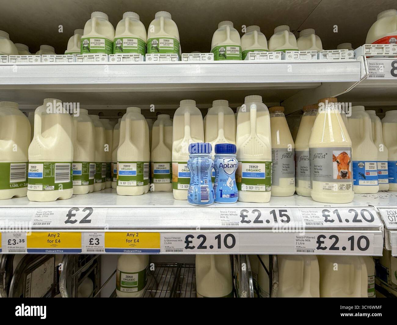Più bottiglie di latte fresco sono impilate ordinatamente su scaffali e casse nel corridoio dei caseifici di un supermercato di Londra, pronte per l'acquisto da parte dei clienti. Foto Stock