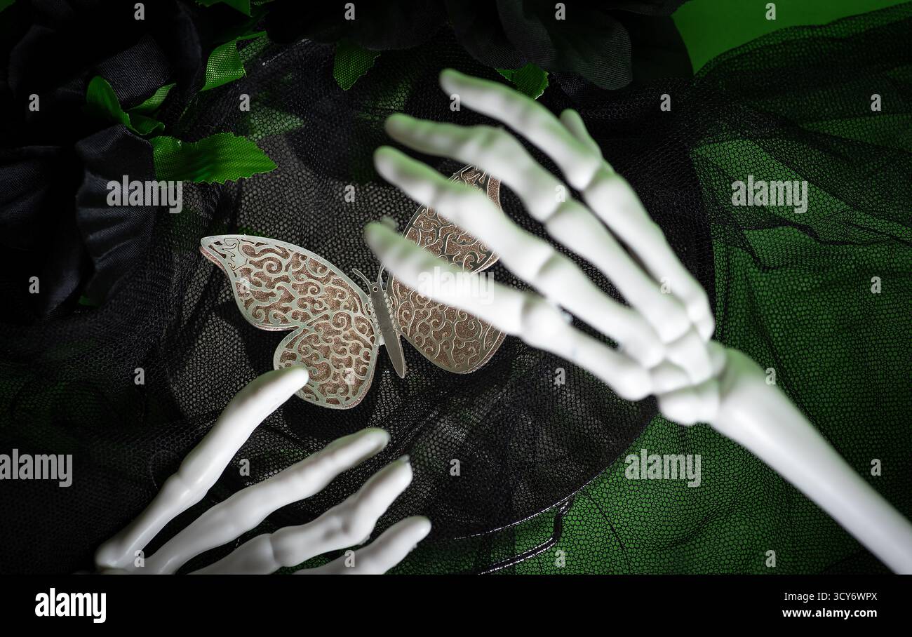 Una bella scena in cui una mano di scheletro raggiunge una delicata farfalla, posta su strati di tessuto scuro, combinando elementi di vita, morte, e. Foto Stock