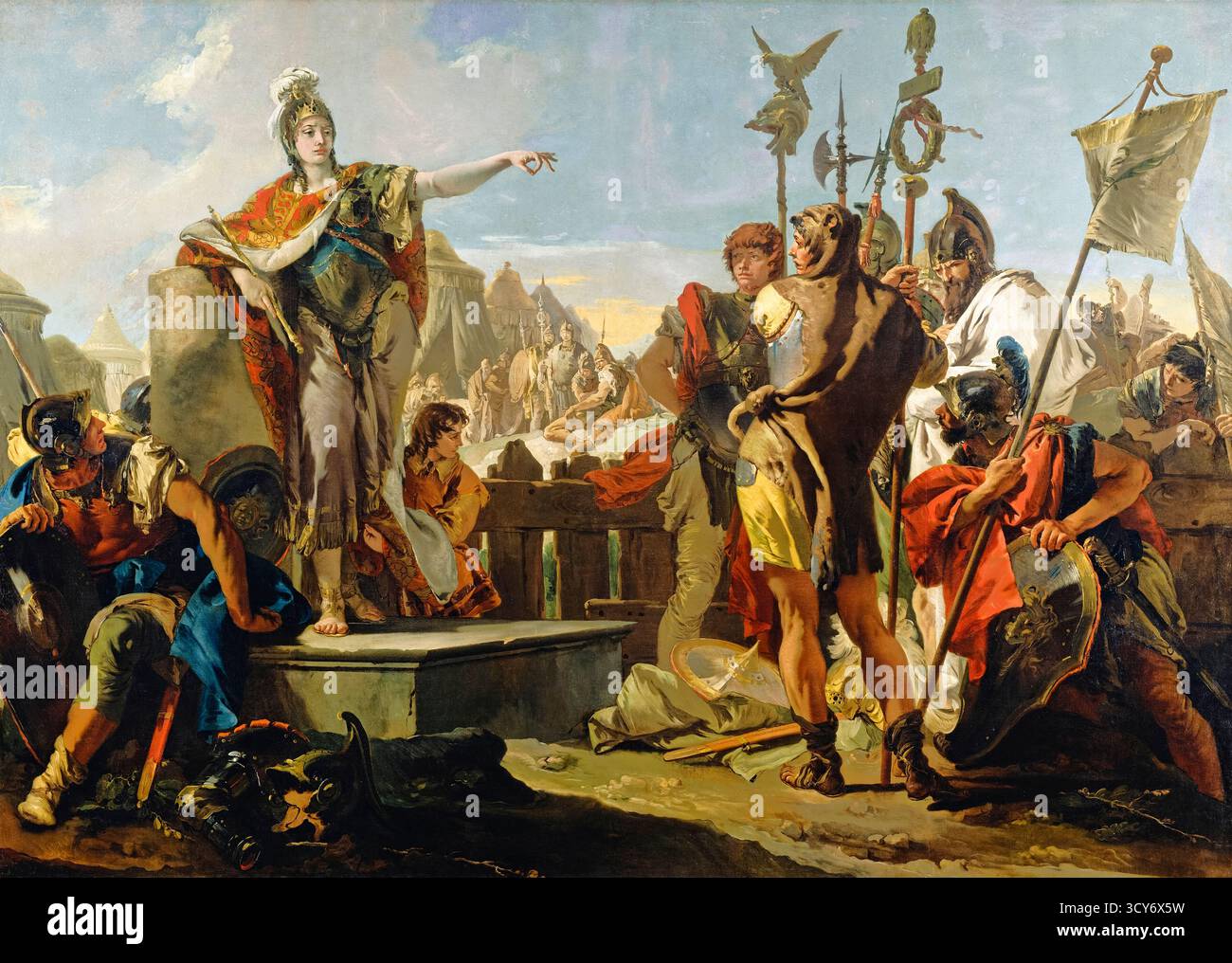 La regina Zenobia rivolgendosi ai suoi soldati (circa 1728) dipinto dell'artista italiano Giovanni Battista Tiepolo (1696-1770) che mostra la regina Zenobia, adornata in abiti regali, che comanda e ispira i suoi soldati romani riuniti in un drammatico ambiente storico, con tende e standard militari sullo sfondo. Foto Stock