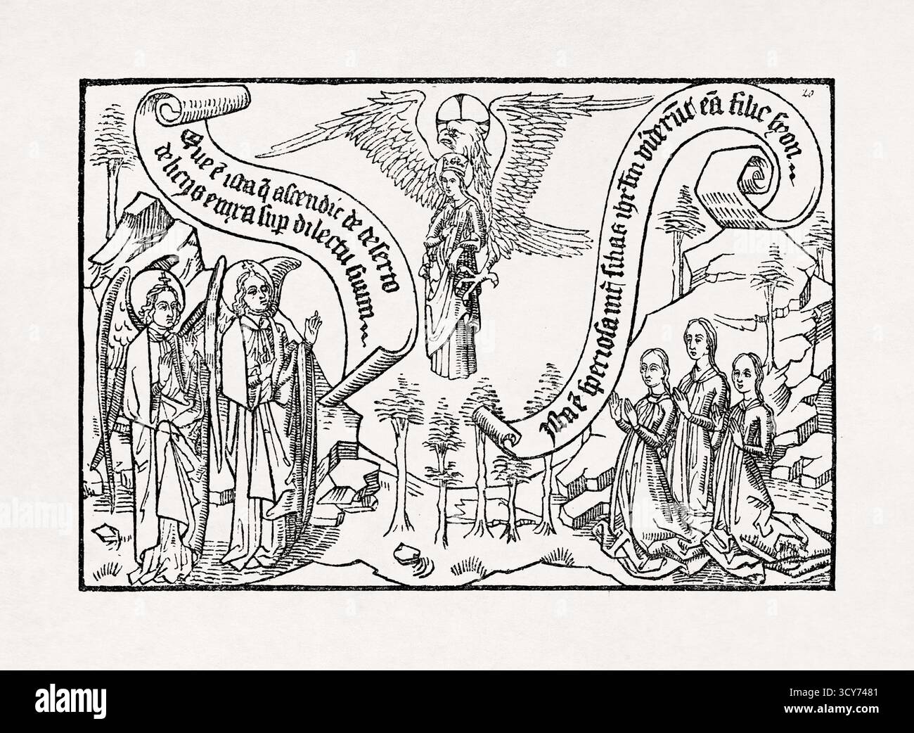 Incisione di una scena religiosa che mostra l'Ascensione dell'anima a Cristo, basata su una xilografia del XV secolo del Cantico dei Cantici Foto Stock