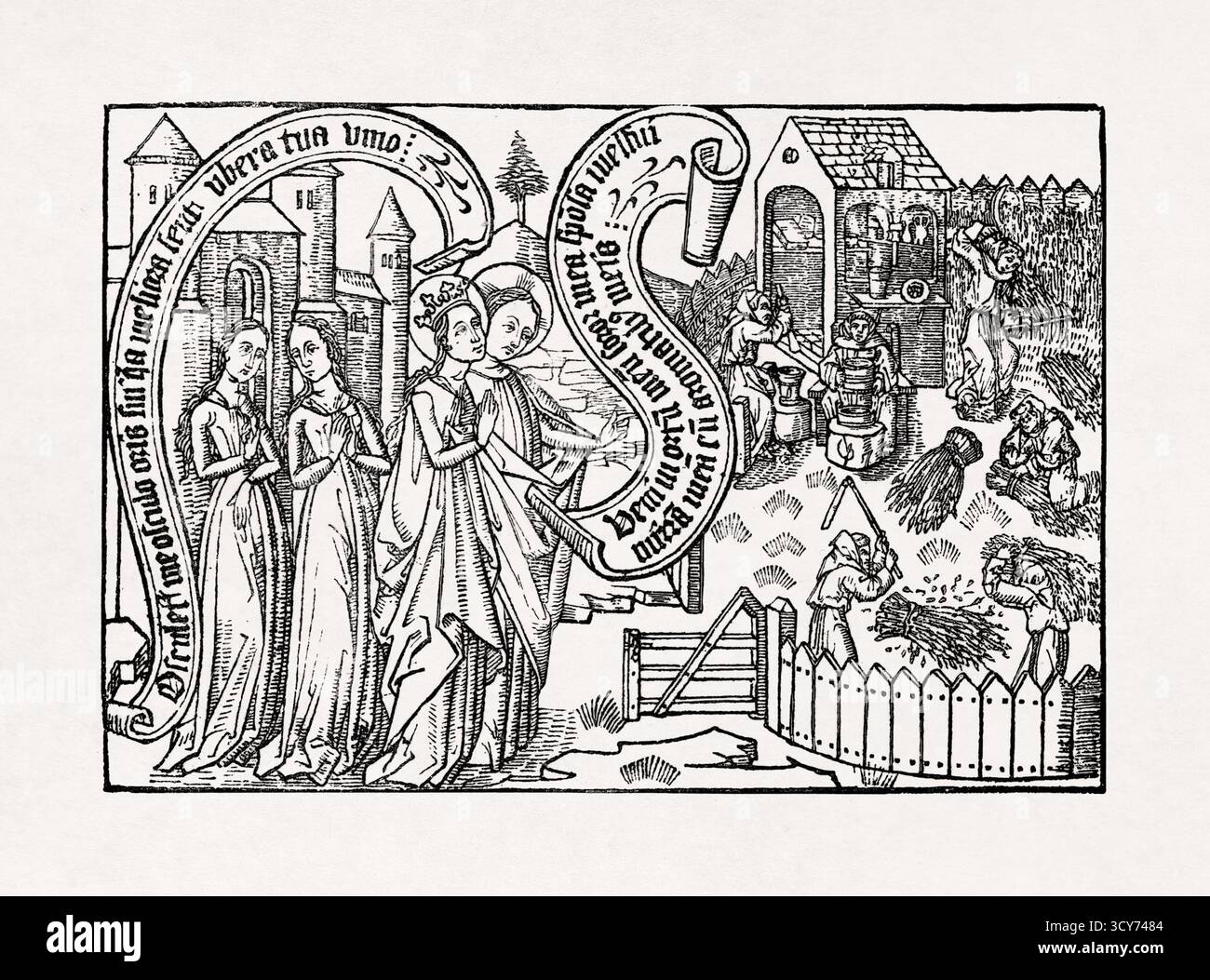 Incisione di una scena religiosa che mostra lo sposo (Cristo) che mostra la sposa la sua terra, basata su una xilografia del XV secolo tratta dal Cantico dei Cantici Foto Stock