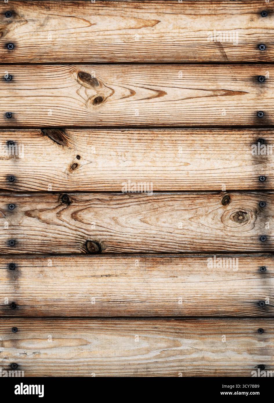 Sfondo di tavole di legno disposte orizzontalmente con teste dei chiodi visibili, struttura in legno e nodi. Struttura in legno chiaro. Foto Stock