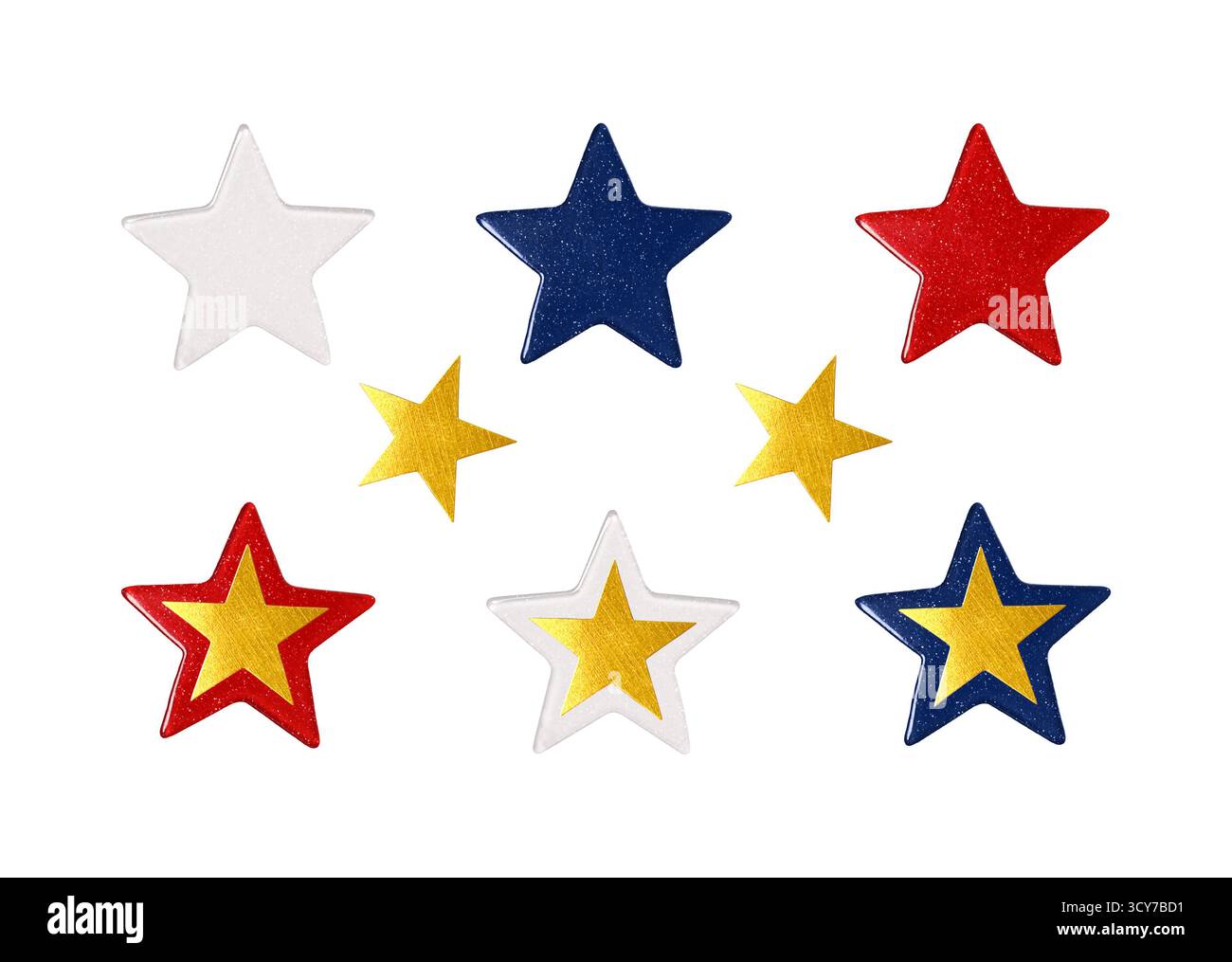 Set di stelle decorative lucide nei colori della bandiera degli Stati Uniti, decorate con stelle dorate. Foto Stock