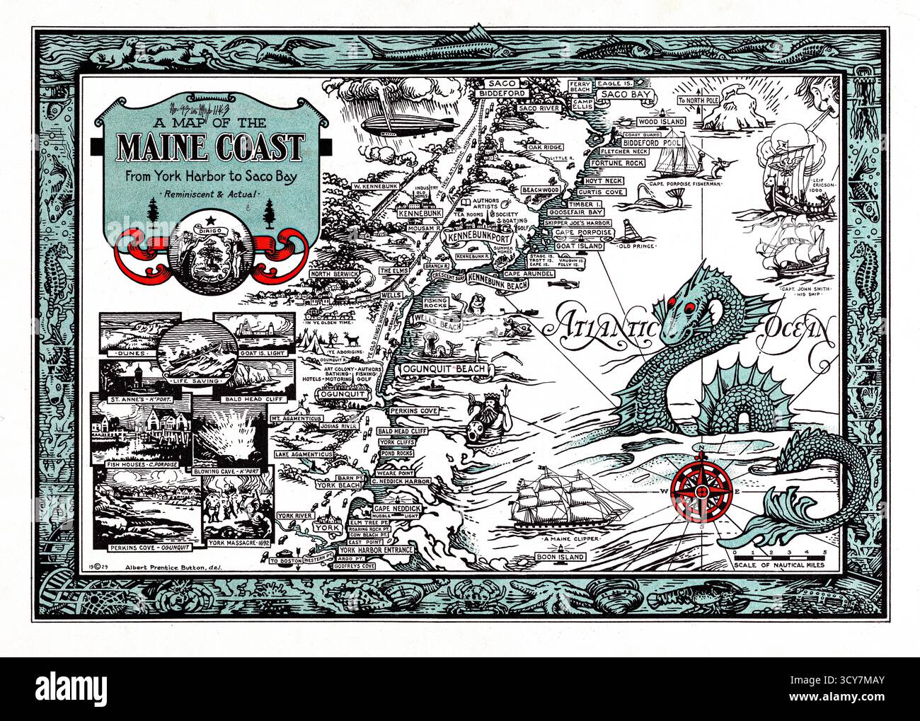 Una cartina della Costa del Maine dal Porto di York a Saco Bay - carta nautica Antica della costa del New England, Mappa marittima del XVIII-XIX secolo Foto Stock