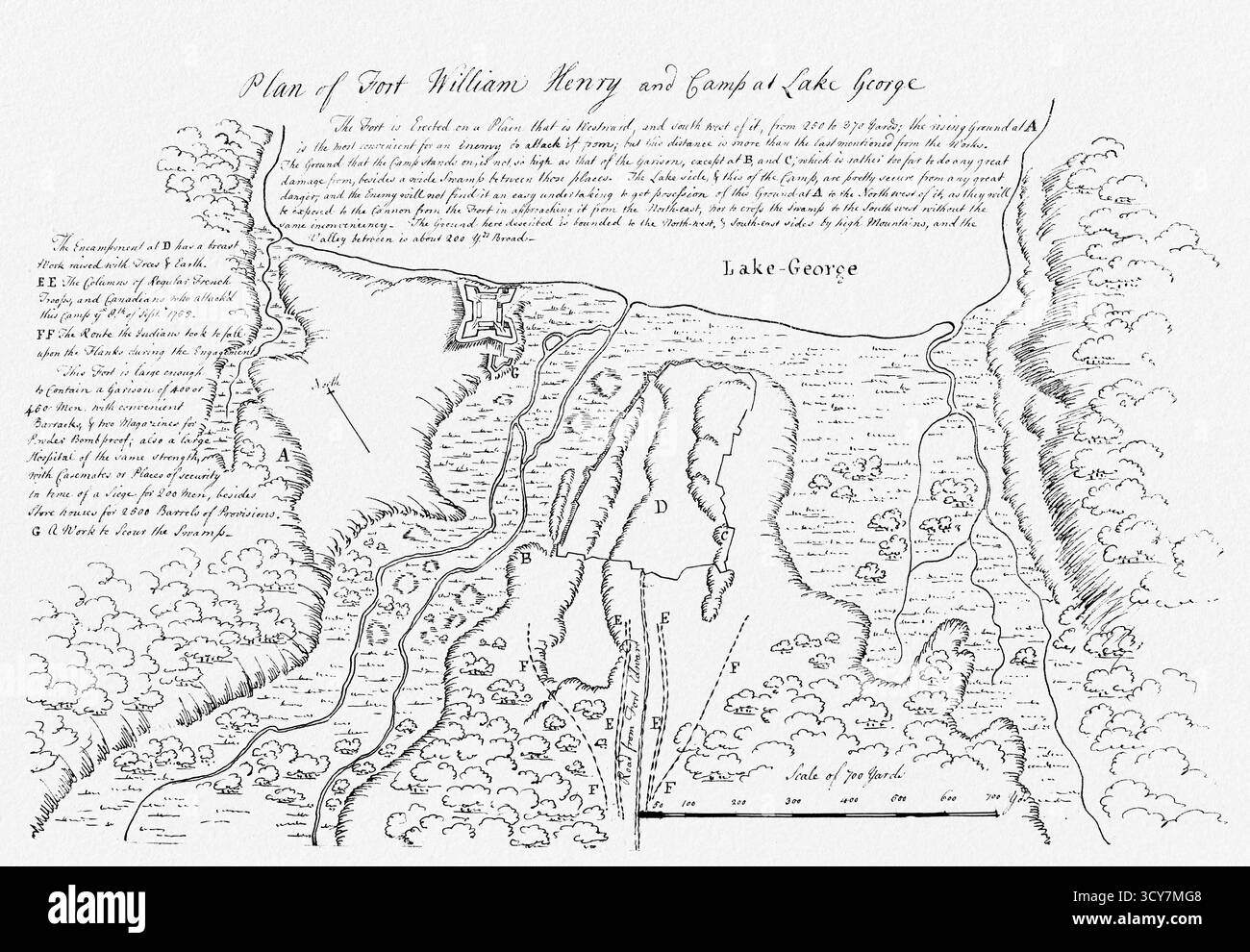 Plan of Fort William Henry e Camp at Lake George, 1755 - Mappa dell'antica fortificazione militare, guerra franco-indiana Foto Stock