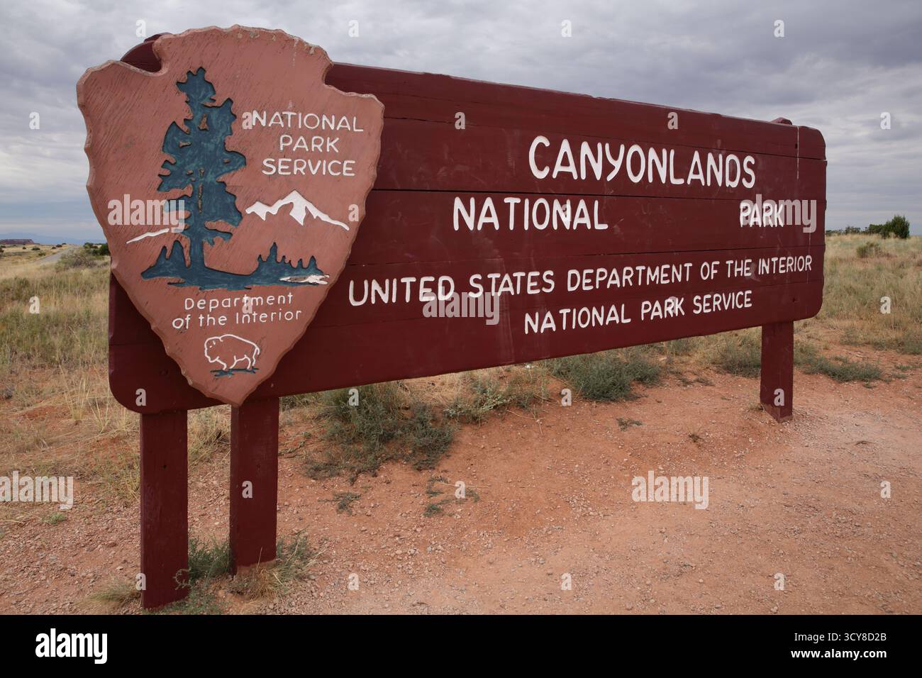 Insegna del Canyonlands National Park all'ingresso di Island in the Sky, Utah Foto Stock