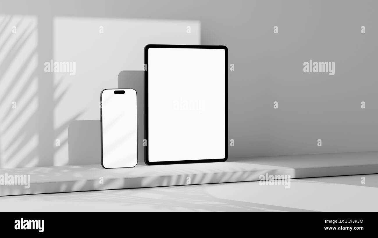 Tablet e telefono in uno scenario per il mockup. Modello con monitor di dimensioni dello schermo diverse vuote. Progettazione di applicazioni e Web. Interfaccia utente. Risorsa per presentazione Foto Stock